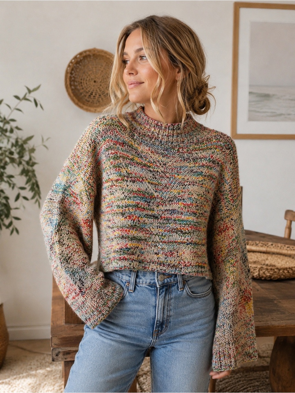 POL Rainbow Speckled Chunky Knit Cropped Mock Neck Sweater | Boho Cottagecore
